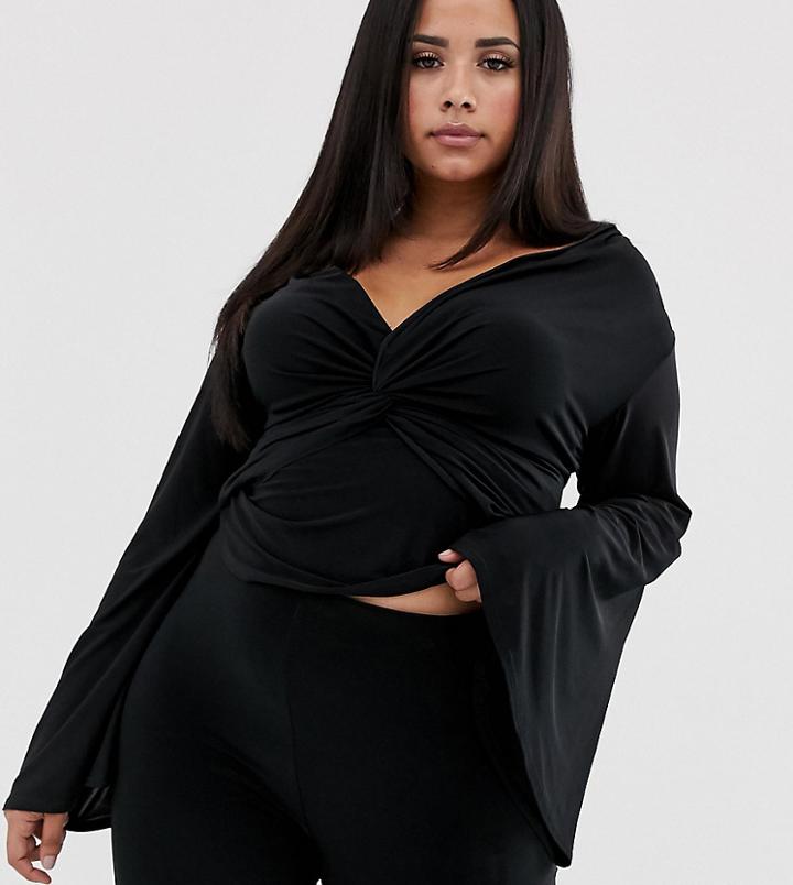 Koco & K Plus Knot Front Top With Bell Sleeve In Black