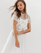 Needle & Thread Embellished Top With Flutter Sleeve In Ivory - White