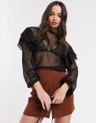 River Island Frill Shoulder Lace Blouse In Black