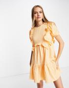 Neon Rose Ruffle Front Smock Dress In Textured Apricot-orange