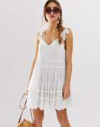 Asos Design Trapeze Mini Sundress With Lace Inserts And Dobby Pom Pom Trims-white