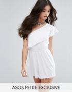 Asos Petite One Shoulder Ruffle Romper With Trim - White