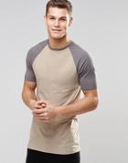 Asos Longline Muscle T-shirt With Contrast Raglan Sleeves In Beige/gray - Silver Mink Body
