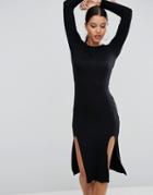 Asos Long Sleeve Midi Bodycon Dress With Curved Splits - Black