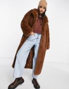Topshop Long Fur Coat In Chocolate-brown
