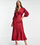 Asos Design Tall Satin Tie Front Midi Dress With Button Detail In Wine-red