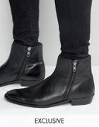 Walk London Picadilly Double Zip Leather Boots - Black
