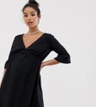 Asos Design Maternity V Neck Frill Sleeve Smock Dress-black