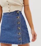 Asos Design Petite Denim Wrap Skirt With Buttons In Midwash Blue
