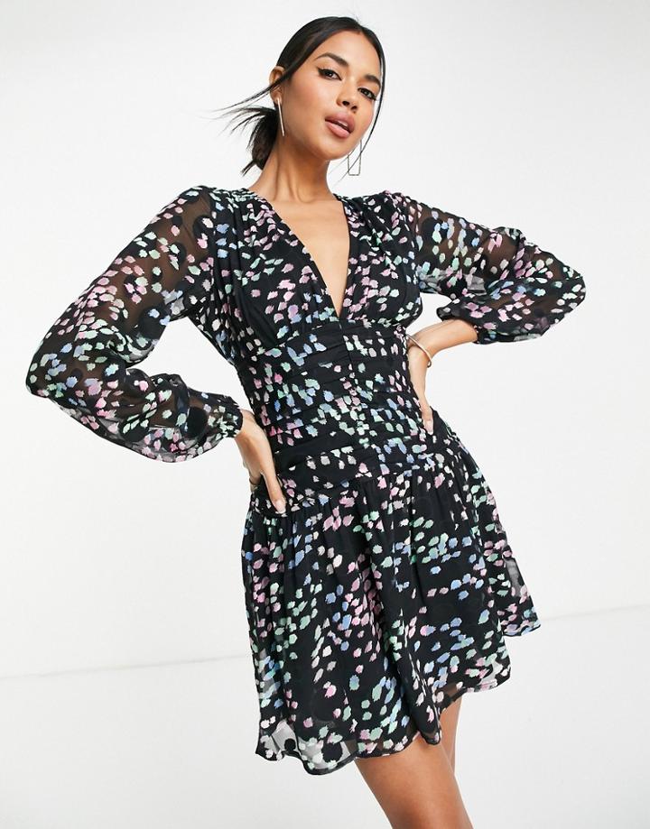 Asos Design Long Sleeve Ruched Front Skater Mini Dress In Brushed Jacquard Print-multi