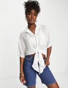 Asos Design Tie Front Textured Shirt In Ivory-white