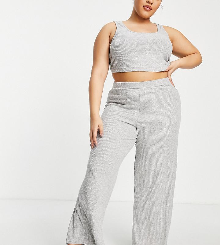 Asos Design Curve Lounge Super Soft Ribbed Crop Top & Wide Leg Pants Set In Heather Gray