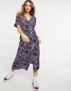 Asos Design Button Up Maxi Tea Dress With Shirred Waist In Purple Floral-multi