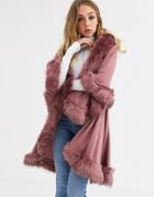 Jayley Double Layer Wool Blend Poncho With Faux Fur Trims-pink