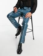 Asos Design Faux Leather Pants With Slit Hem In Blue-blues