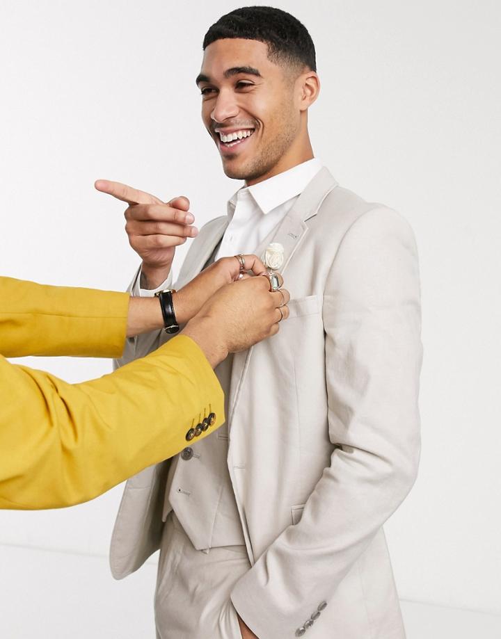 Asos Design Wedding Super Skinny Suit Jacket In Stretch Cotton Linen In Stone-neutral
