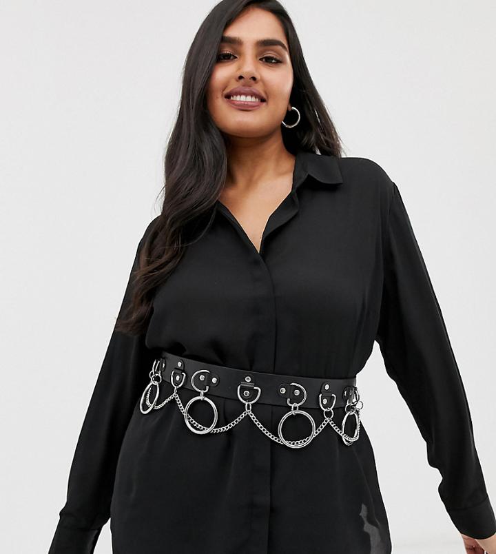 Asos Design Curve Multi Ring And Chain Waist And Hip Belt-black