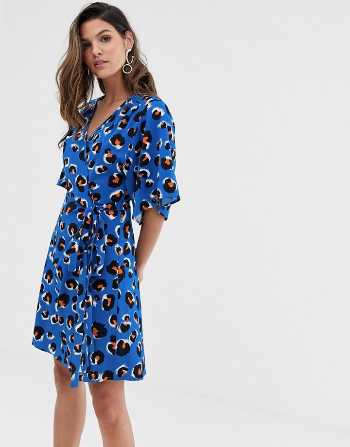 Liquorish Kimono Sleeve Mini Dress In Blue Leopard - Blue