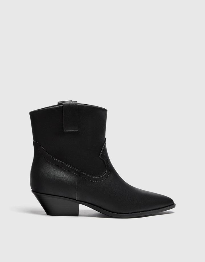 Pull & Bear Cowboy Western Heeled Ankle Boots In Black