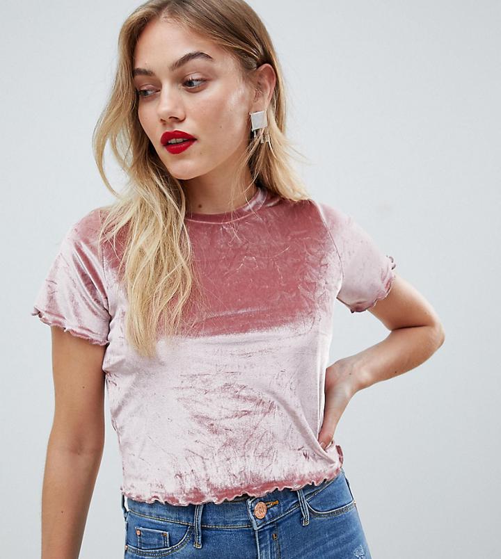 Asos Design Petite Velvet Lettuce Edge Crew Neck T-shirt - Pink