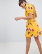 Prettylittlething Floral Lace Up Detail Dress - Yellow