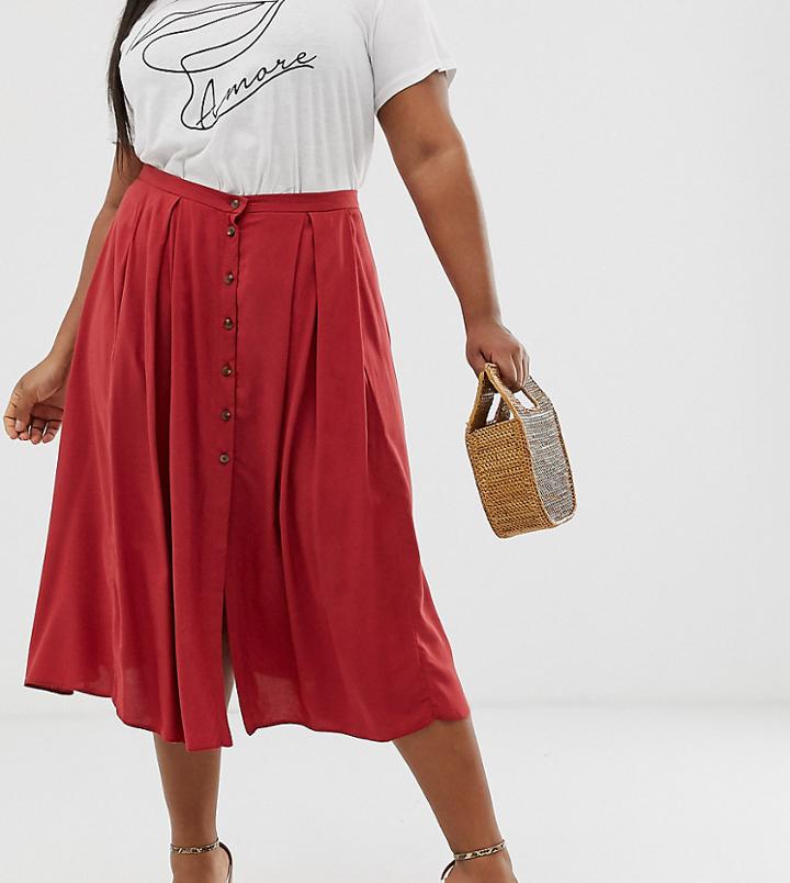 Asos Design Curve Floaty Midi Skirt With Button Front-brown