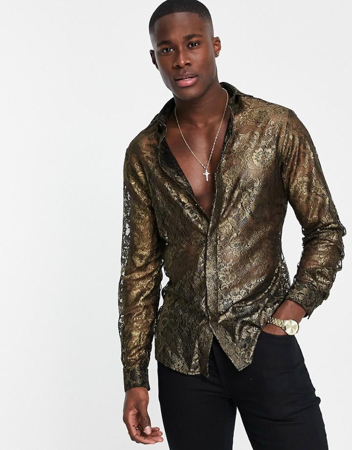 Twisted Tailor Kearney Shirt In Black Lace With Gold Foil Print