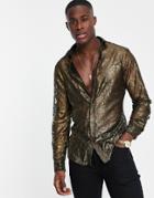 Twisted Tailor Kearney Shirt In Black Lace With Gold Foil Print