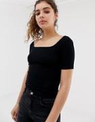 Pull & Bear Ribbed Square Neck 3/4 Sleeve Top In Black - Black