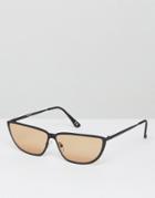 Asos 80s Small Metal Cat Eye Fashion Sunglasses With Light Brown Lens - Black
