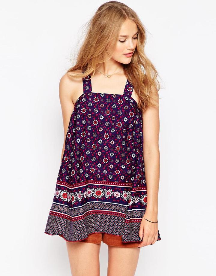 Influence Cross Back Daisy Border Print Swing Top - Multi