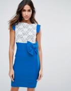 Vesper Mini Dress With Lace Panel And Bow Detail - Blue