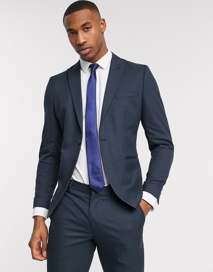 Selected Homme Slim Fit Stretch Micro Gingham Suit Jacket In Navy