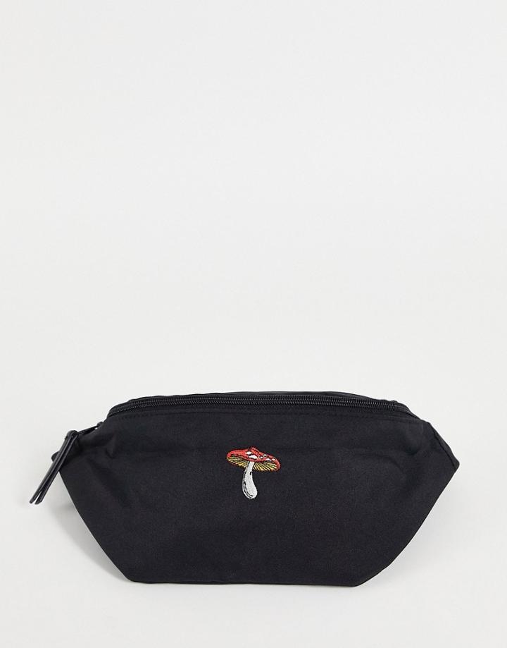 Asos Design Cross Body Fanny Pack In Black Nylon With Mushroom Embroidery
