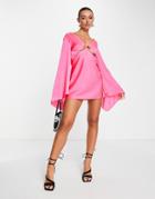 Asos Design Satin Cape Sleeve Mini Dress With Tie Back Detail In Fuchsia-pink