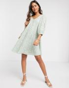 Y.a.s Broderie Mini Smock Dress With Volume Sleeves And V Neck In Green-blues