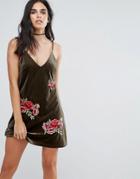 Love & Other Things Velvet Cami Dress With Embroidered Detail - Green