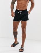 Asos Design Runner Swim Shorts In Black With Contrast White Binding - Black