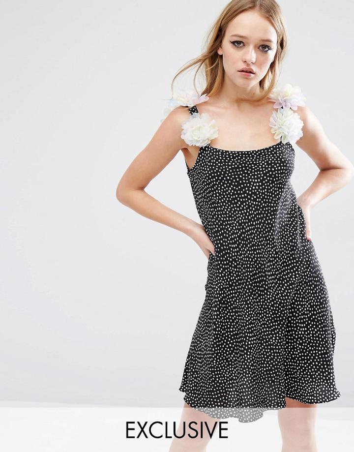 Reclaimed Vintage Smock Dress With Flower Patch Straps - Black