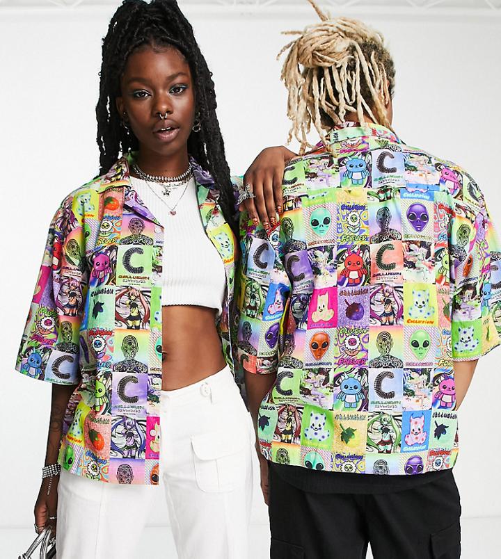 Collusion Unisex Alien Print Beach Shirt In Multi