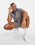 Asos Design Polo T-shirt In Geometric Print With V Neck - Part Of A Set-blue