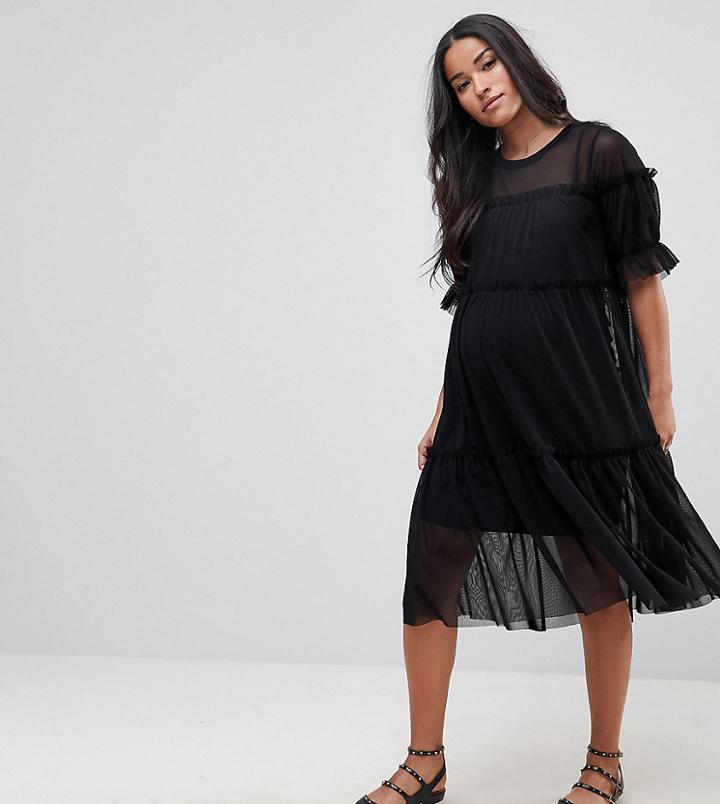 Asos Maternity Tiered Mesh Smock Midi Dress - Black