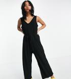 Asos Design Petite Mix & Match Lounge Super Soft Ribbed Jumpsuit With Waist Tie In Black