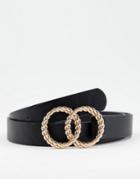 Asos Design Slim Belt In Black Faux Leather With Gold Ring Detail