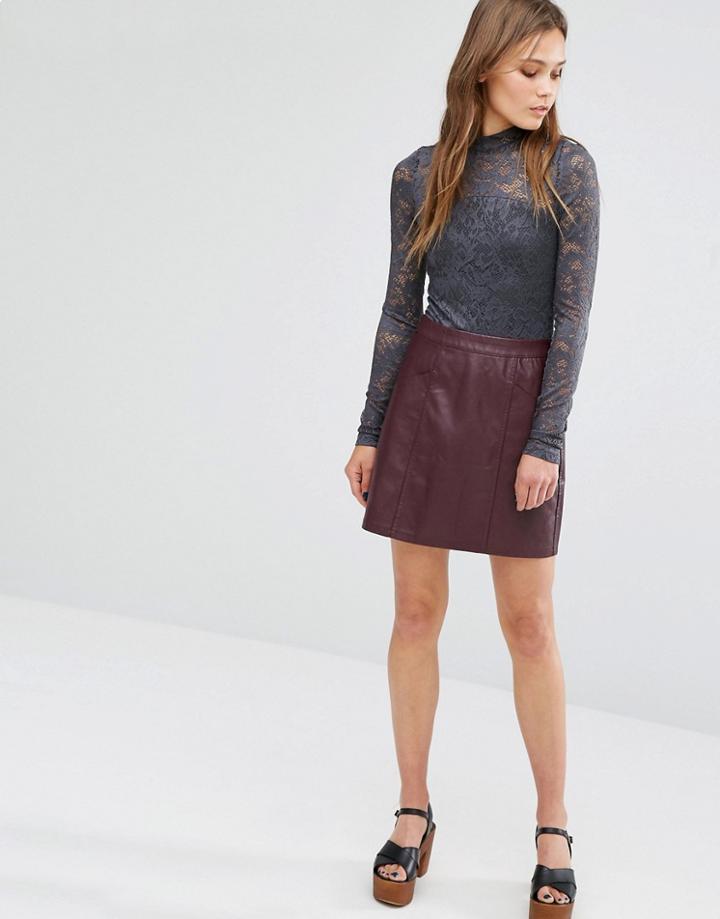 New Look Seam Pocket Leather Look Skirt - Red