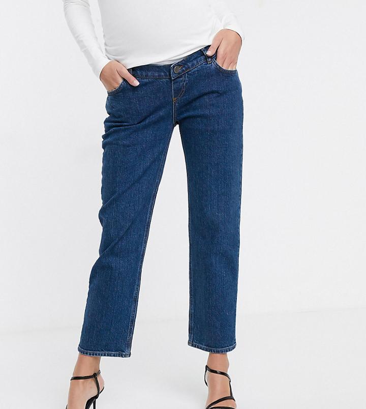 Asos Design Maternity High Rise Stretch 'slim' Straight Leg Jeans In Mid Vintage Wash With Over The Bump Band-blue