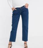 Asos Design Maternity High Rise Stretch 'slim' Straight Leg Jeans In Mid Vintage Wash With Over The Bump Band-blue
