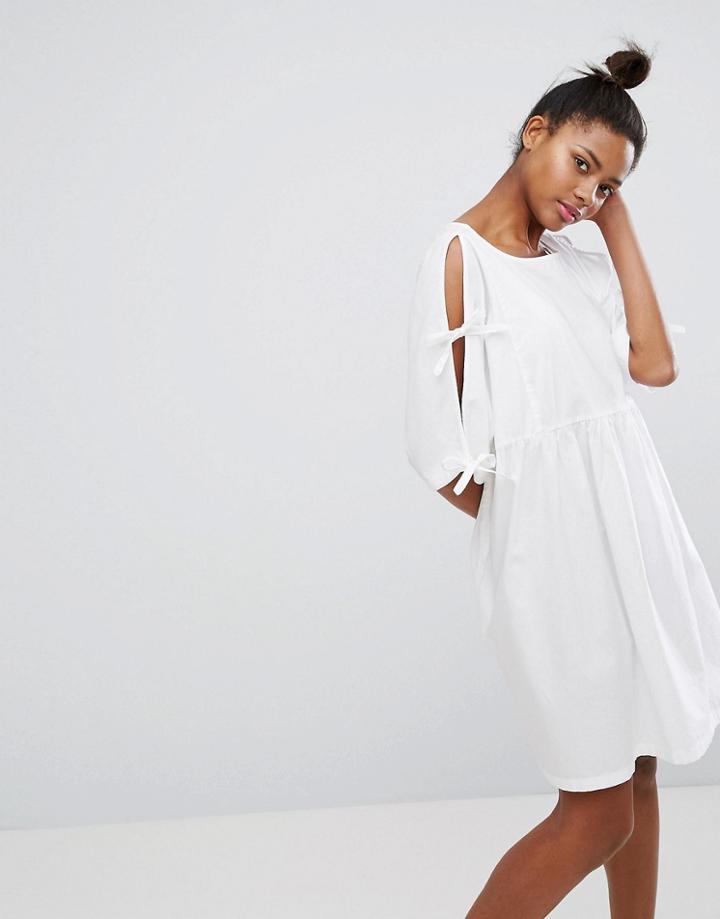 Monki Tie Sleeve Smock Dress - White