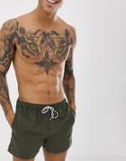 Asos Design Swim Shorts In Khaki Short Length With Black & White Drawcord-green