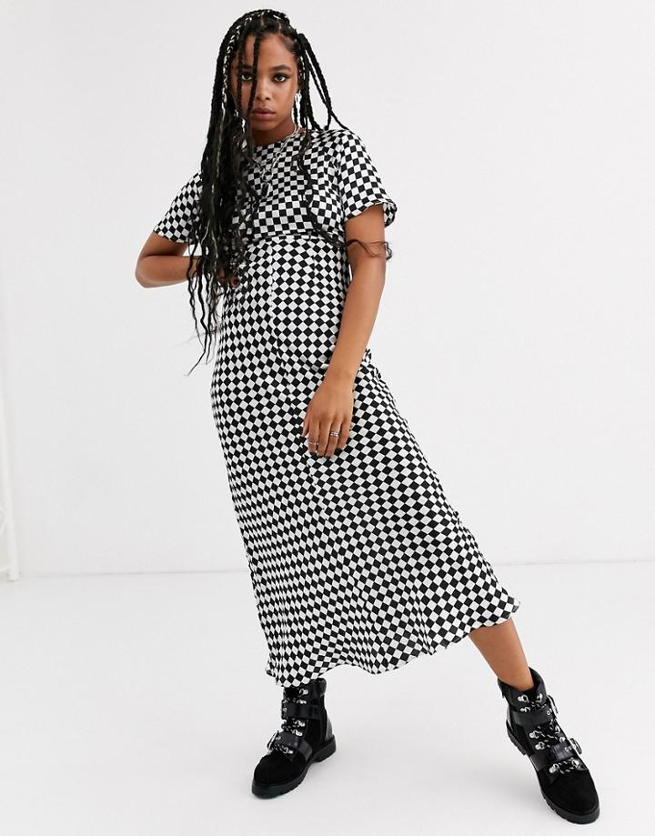 Asos Design Satin Maxi Dress In Checkboard Print-multi